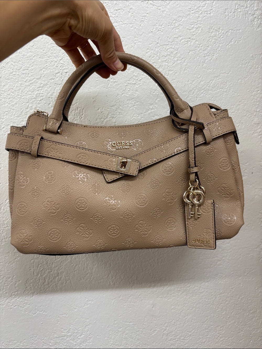 GUESS Taupe Embossed Logo Satchel with Gold Hardware